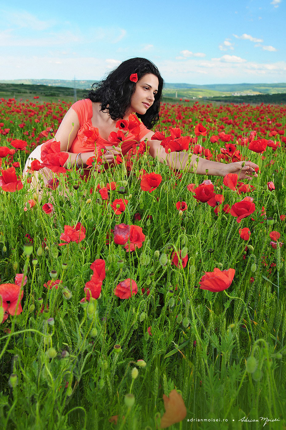 Fotograf portret cu o fermecatoare fata in lanul de maci, fotograf Iasi Adrian Moisei